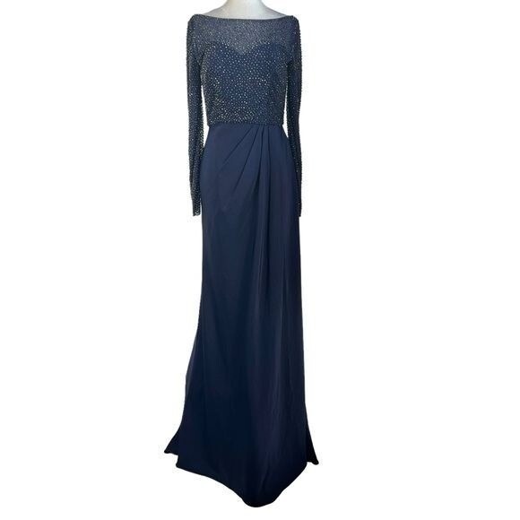 La Femme 24895 Navy Beaded Illusion Long Sleeve Prom Gown NWT Size 6 $420 MSRP - Picture 4 of 16